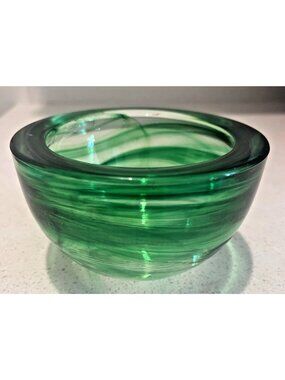Mid Century Green Swirl Art Glass Heavy Bowl Console Decor 3" x 4" Candle holder